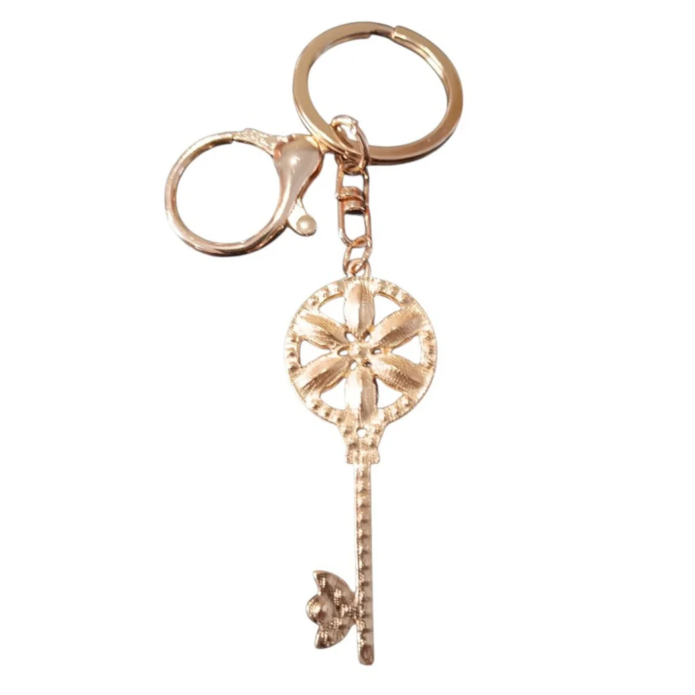 Floral Rhinestone Skeleton Key Keychain Purse Charm with Pink Flower